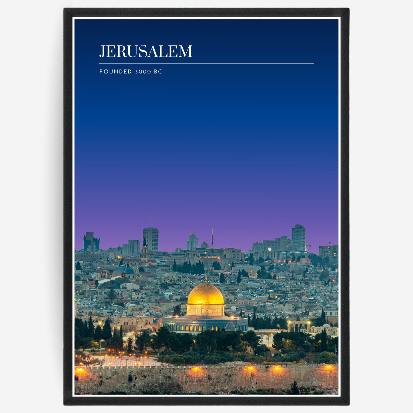 Jerusalem cityscape poster with a pink-to-blue gradient sky and text elements showing the city name and the year it was founded.