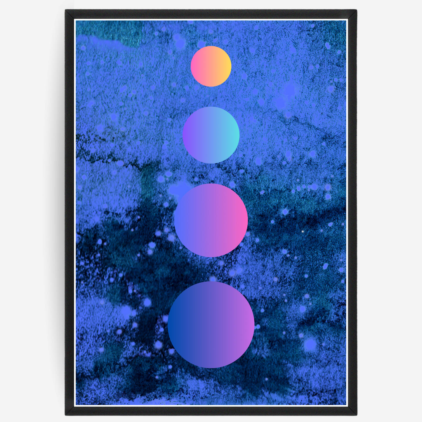Abstract art print with colorful gradient circles on a textured blue background.