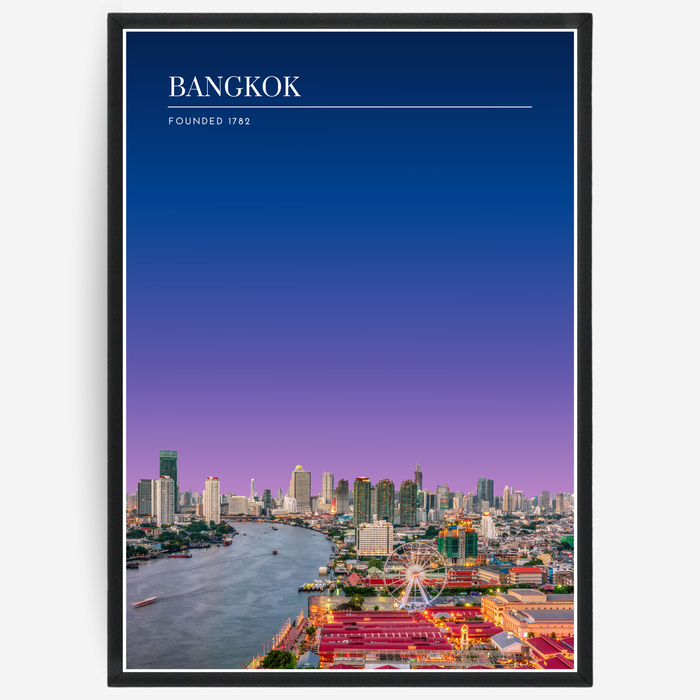 Bangkok skyline poster with a pink-to-blue gradient sky and text elements showing the city name and the year it was founded.