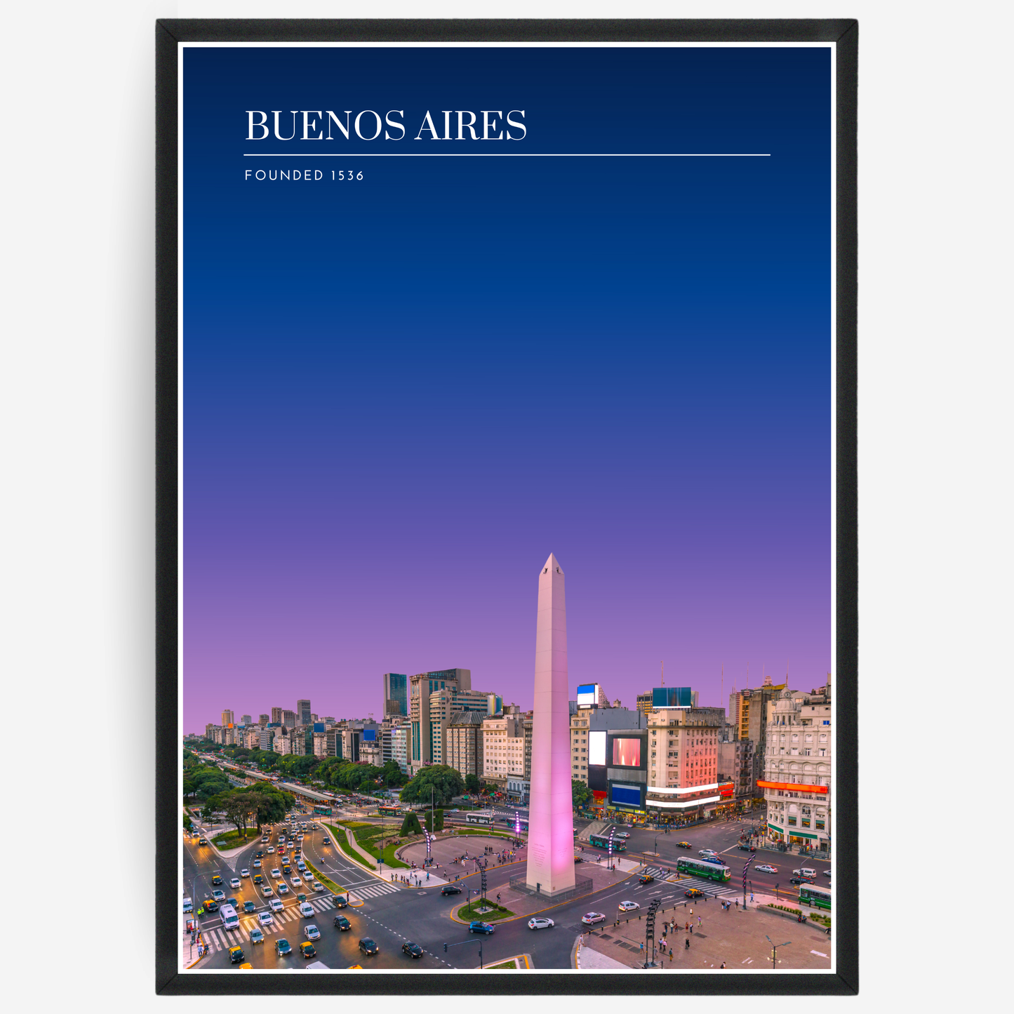 Buenos Aires cityscape poster with a pink-to-blue gradient sky and text elements showing the city name and the year it was founded.