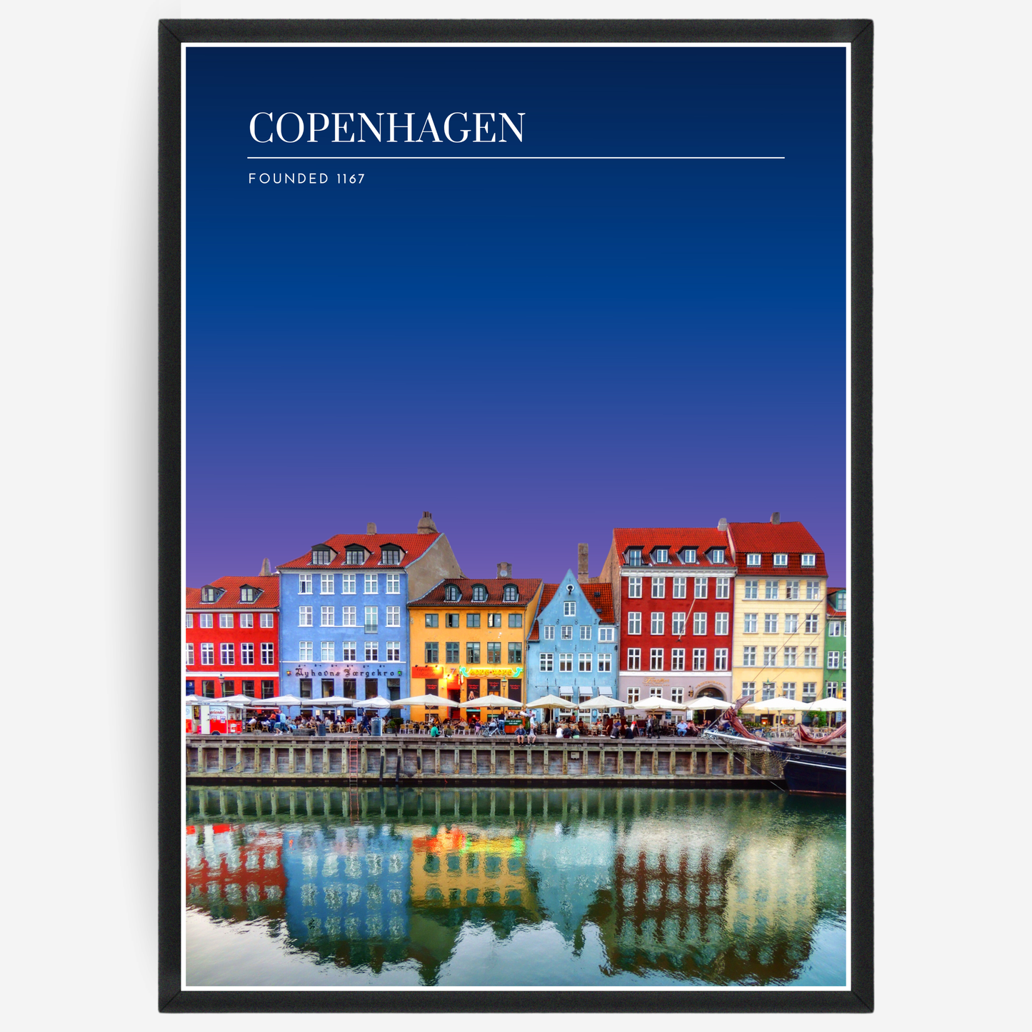 Copenhagen cityscape poster with a pink-to-blue gradient sky and text elements showing the city name and the year it was founded.