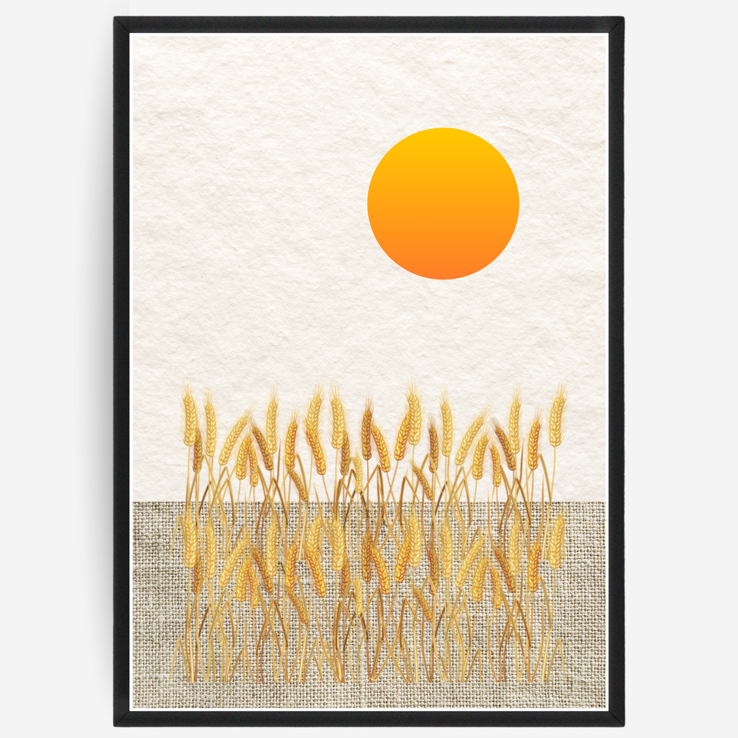 Poster of a sun and wheat field on textured paper background.
