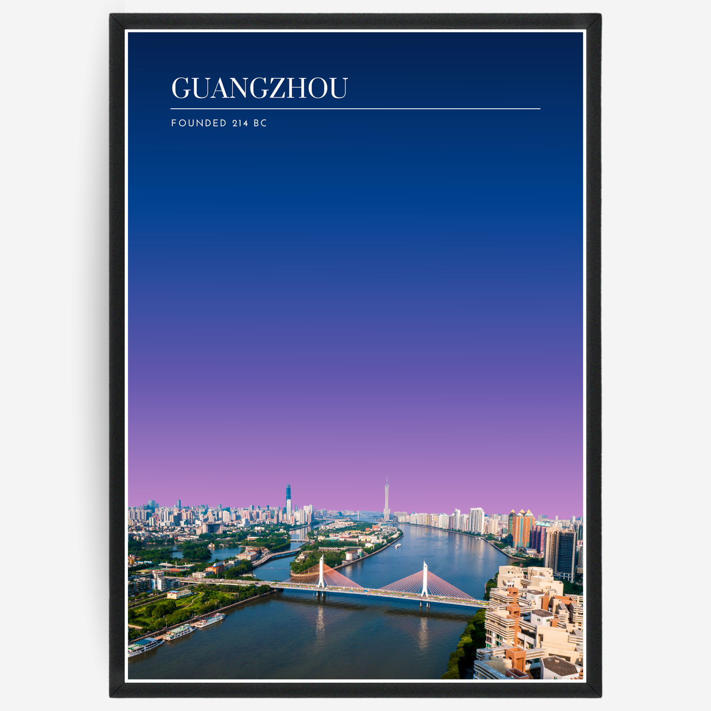 Guangzhou cityscape poster with a pink-to-blue gradient sky and text elements showing the city name and the year it was founded.
