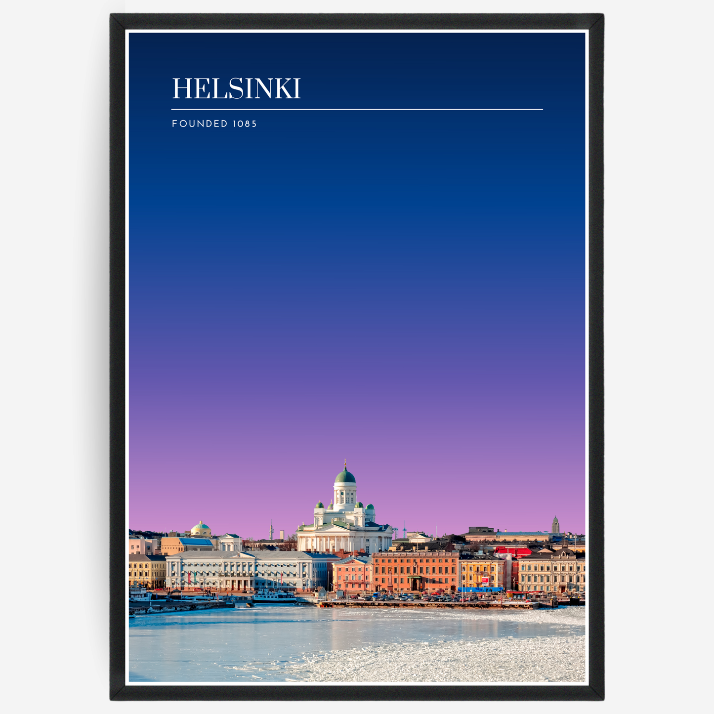Helsinki cityscape poster with a pink-to-blue gradient sky and text elements showing the city name and the year it was founded.