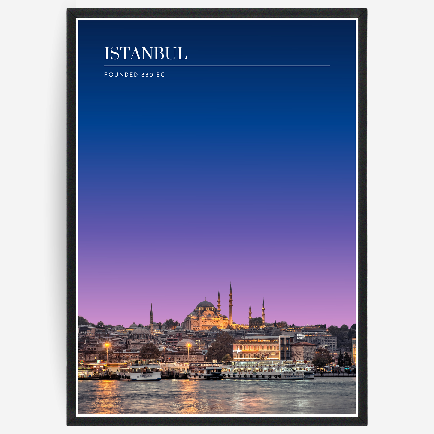 Istanbul cityscape poster with a pink-to-blue gradient sky and text elements showing the city name and the year it was founded.