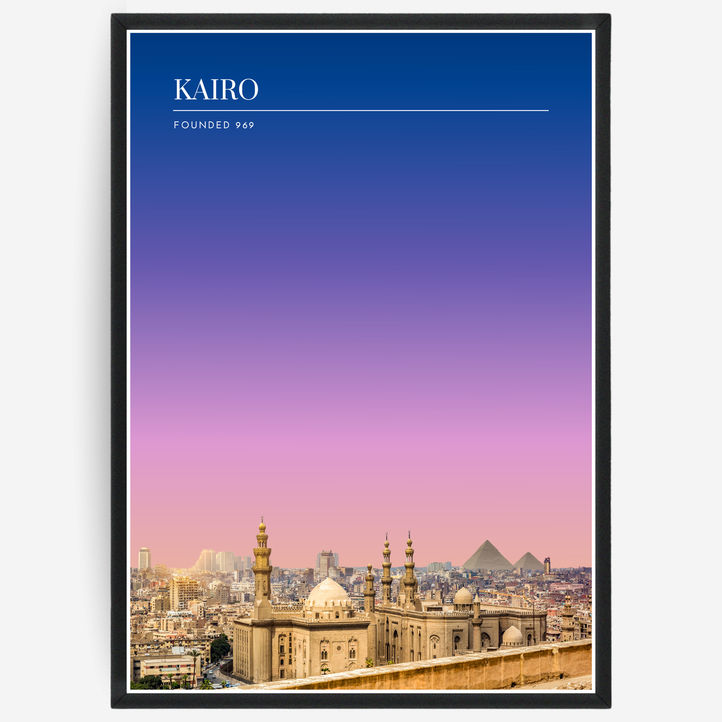 Kairo cityscape poster with a pink-to-blue gradient sky and text elements showing the city name and the year it was founded.