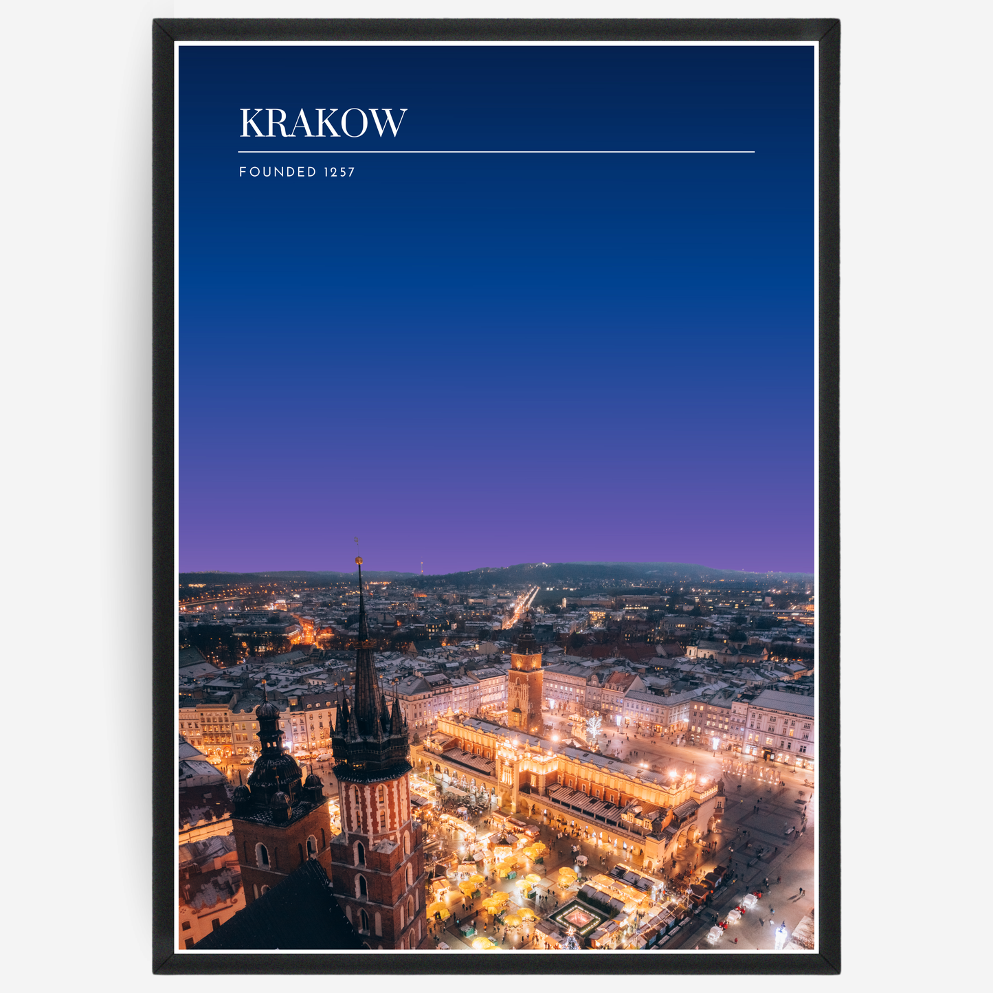 Krakow cityscape poster with a pink-to-blue gradient sky and text elements showing the city name and the year it was founded.
