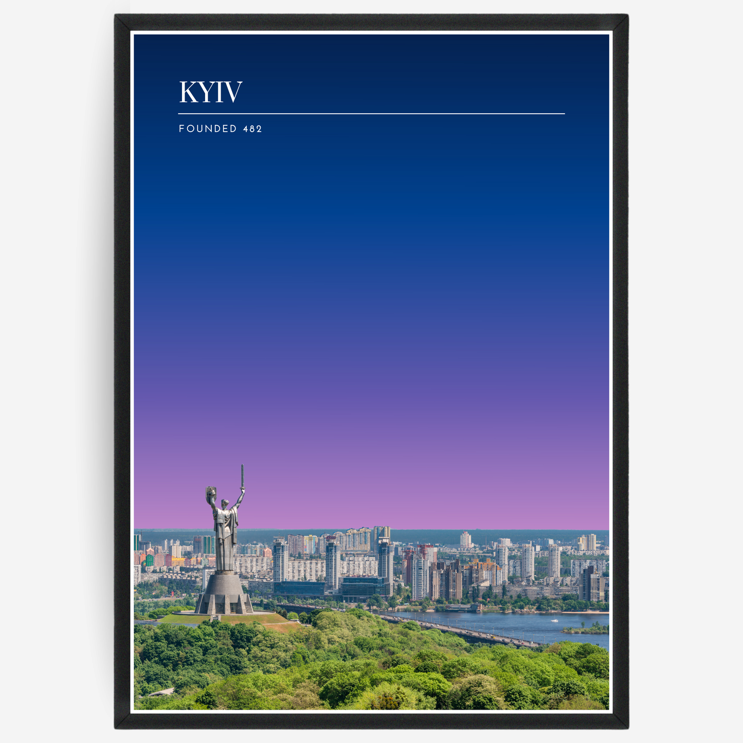 Kyiv cityscape poster with a pink-to-blue gradient sky and text elements showing the city name and the year it was founded.