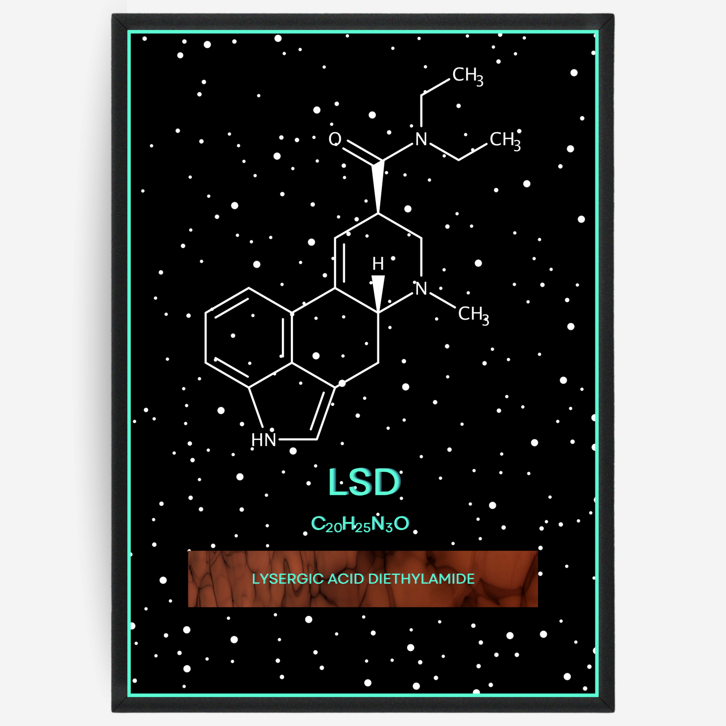 Chemistry poster showing the 2D molecular structure of LSD on a black background with white dots and turquoise passepartout, including text elements of the molecule name, molecular formula and IUPAC name.