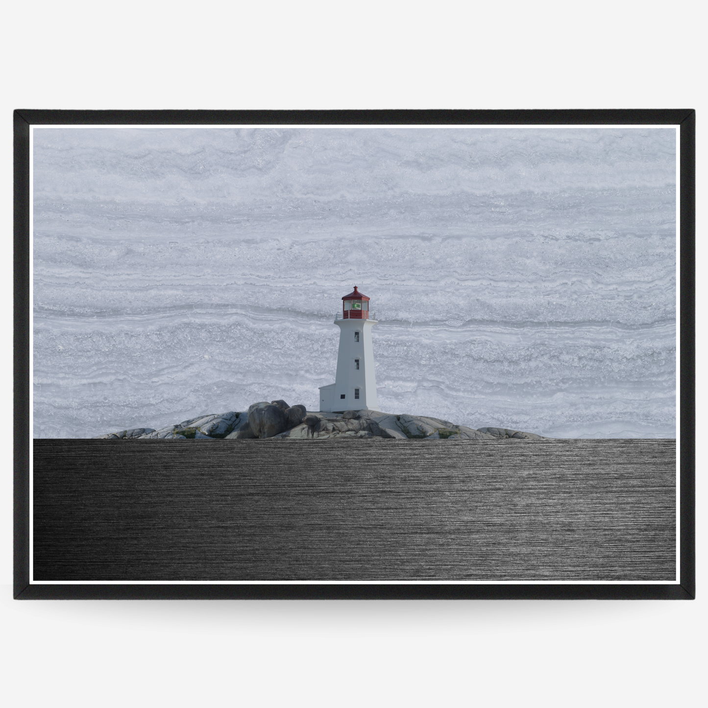 Poster of a lighthouse in the distance, set against stone elements imitating the sea and sky, with a NOIRHAUS signature at the bottom.