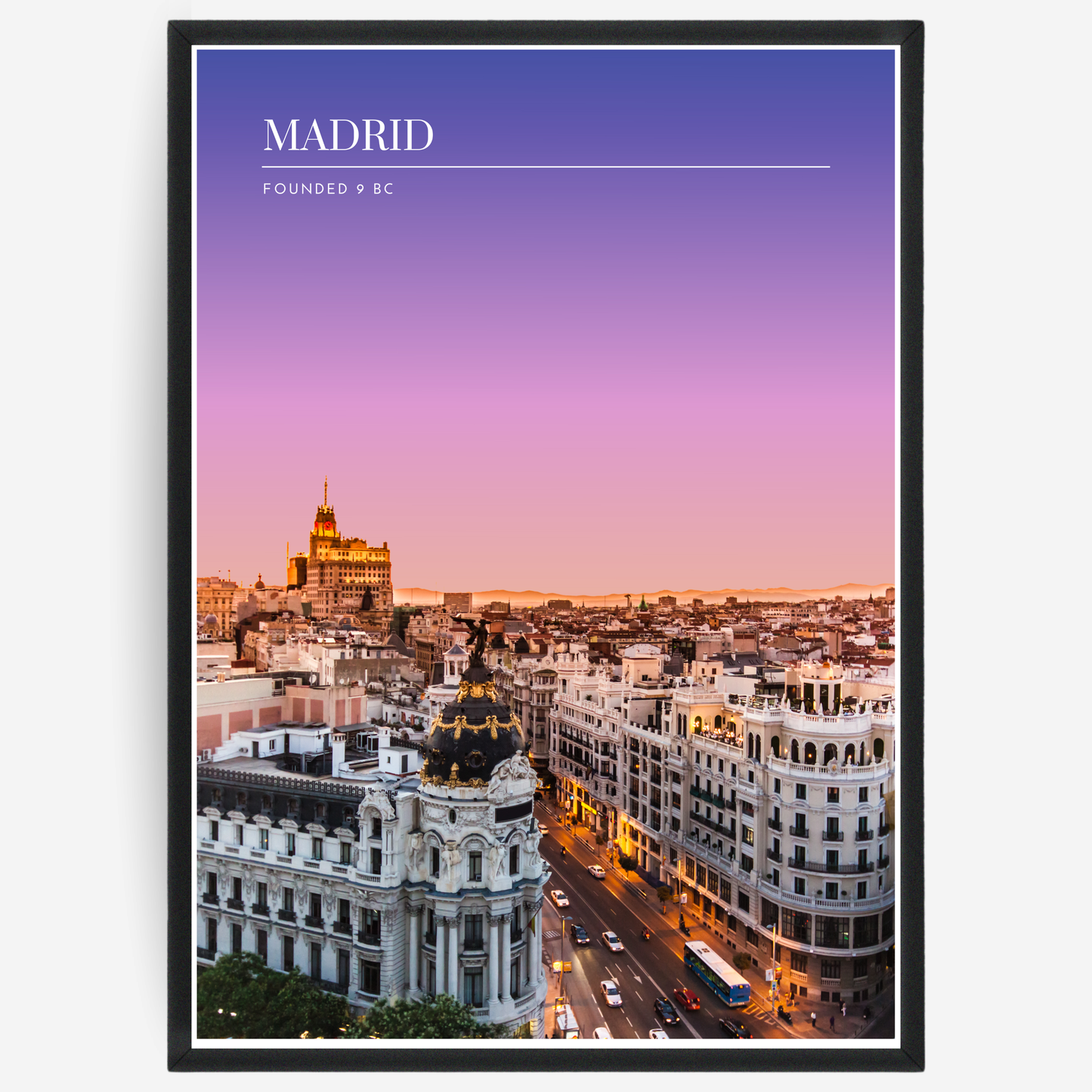 Madrid skyline poster with a pink-to-blue gradient sky and text elements showing the city name and the year it was founded.