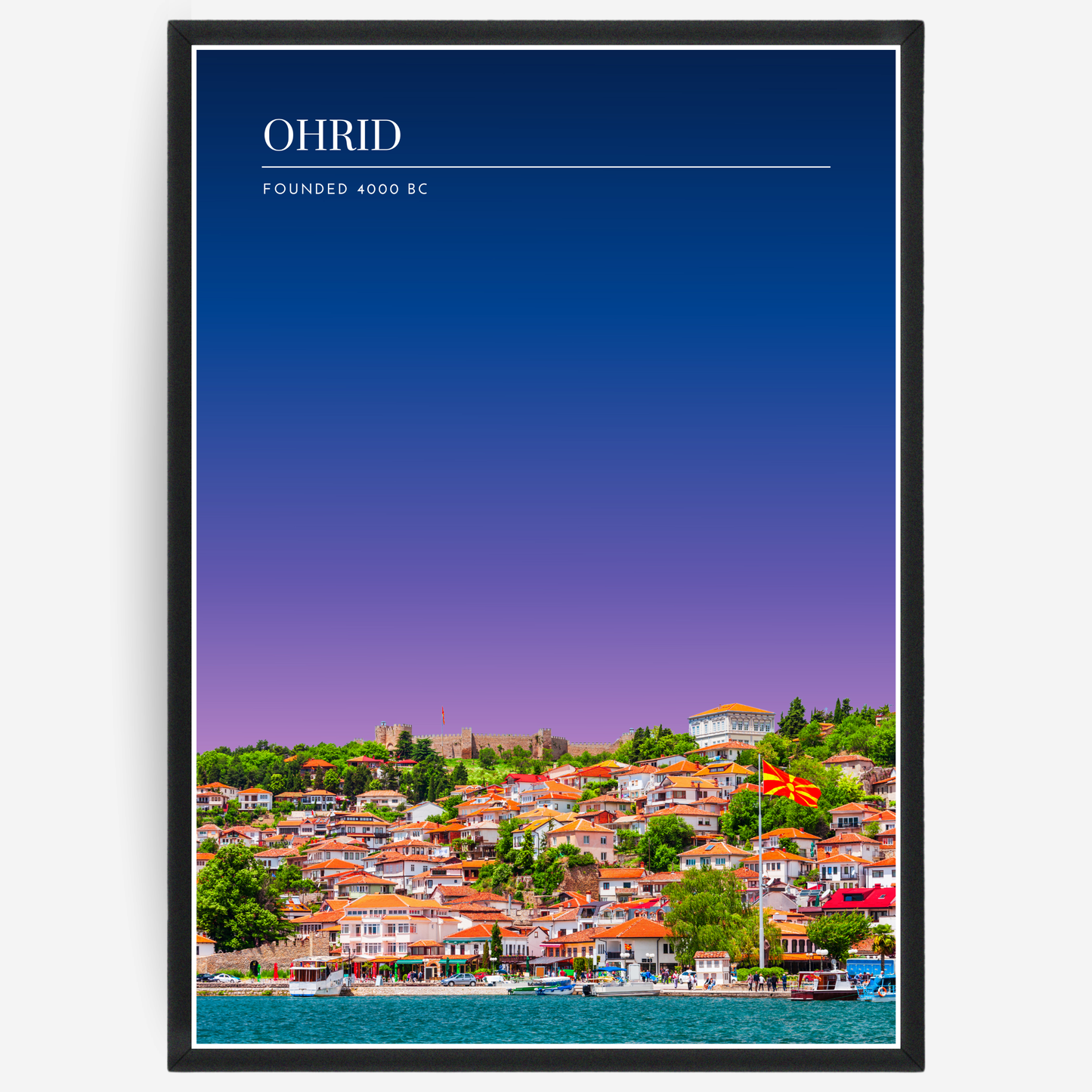 Ohrid cityscape poster with a pink-to-blue gradient sky and text elements showing the city name and the year it was founded.