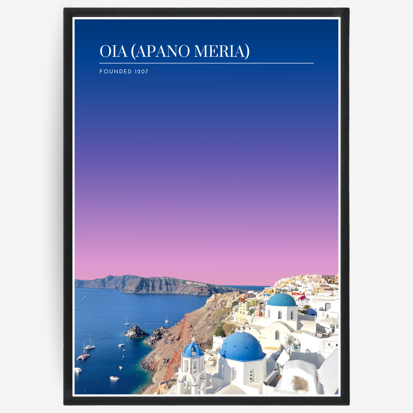 Oia skyline poster with a pink-to-blue gradient sky and text elements showing the city name and the year it was founded.