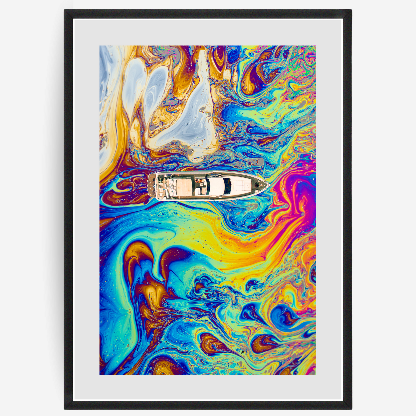 Poster of a yacht on water with colorful oil patterns reflecting on the surface.