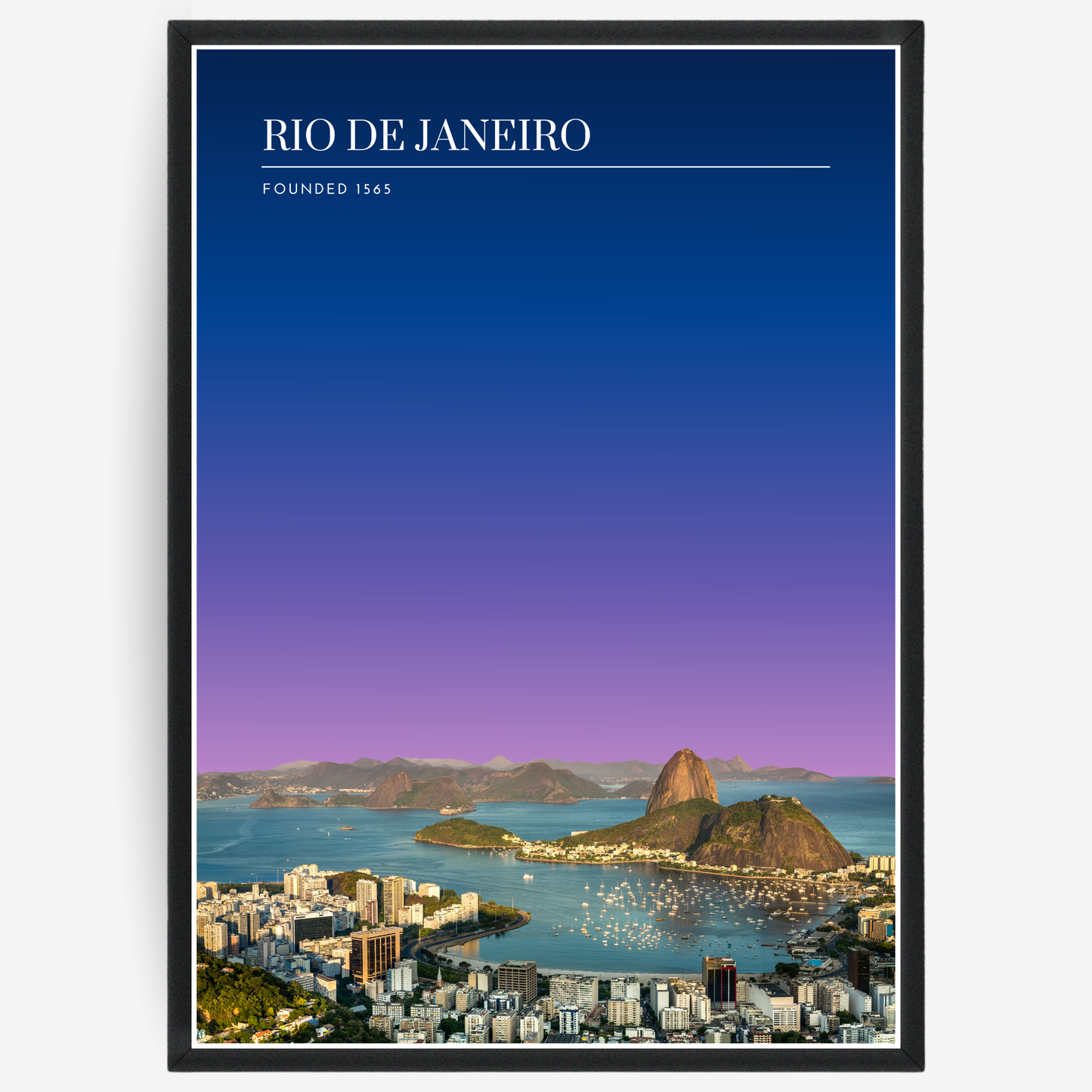 Rio de Janeiro cityscape poster with a pink-to-blue gradient sky and text elements showing the city name and the year it was founded.