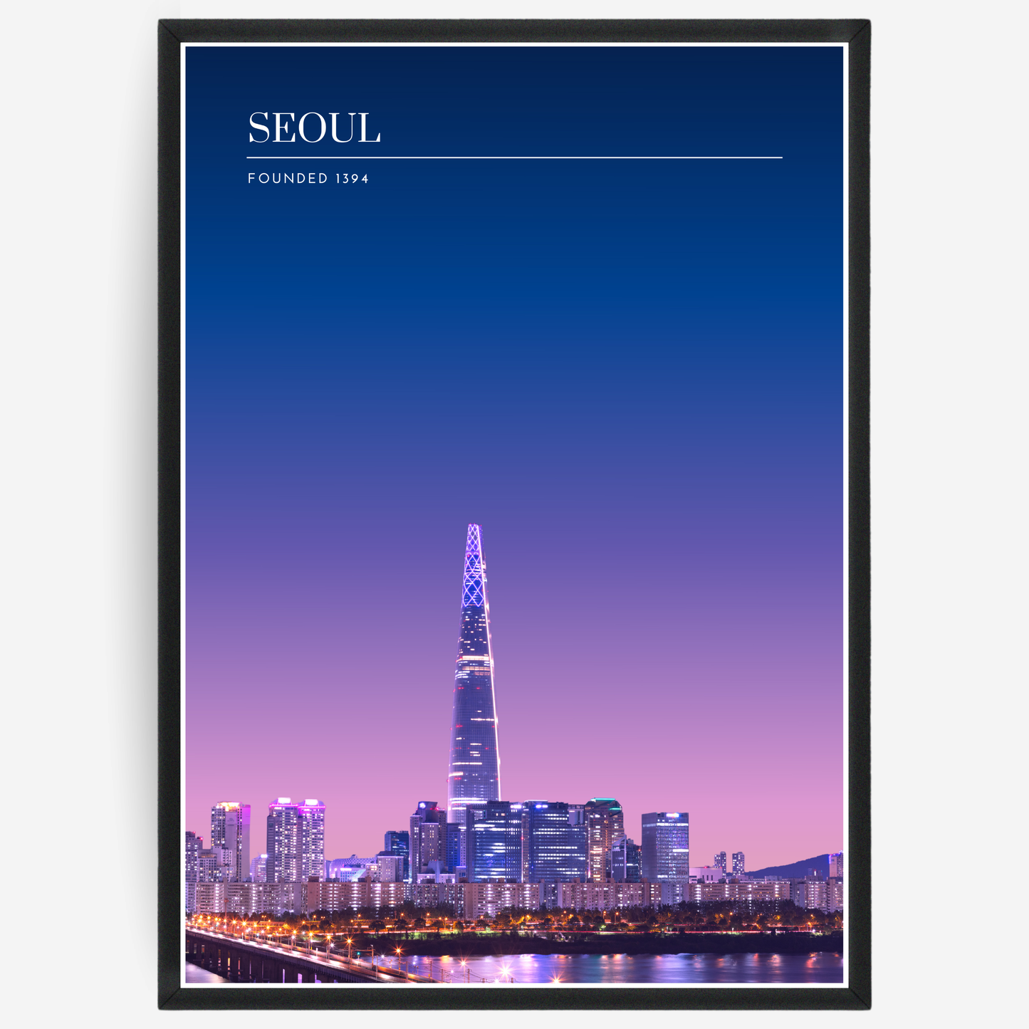 Seoul skyline poster with a pink-to-blue gradient sky and text elements showing the city name and the year it was founded.