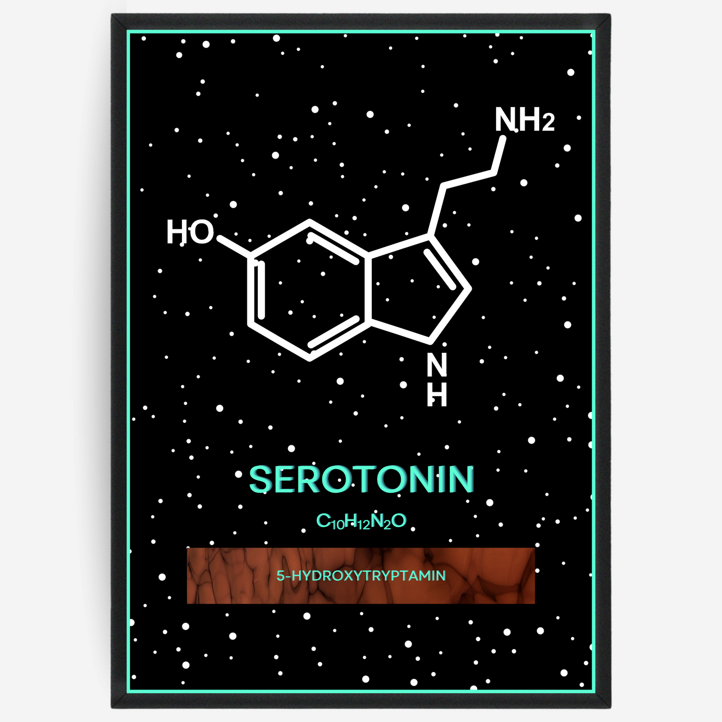 Chemistry poster showing the 2D molecular structure of serotonin on a black background with white dots and turquoise passepartout, including text elements of the molecule name, molecular formula and IUPAC name.