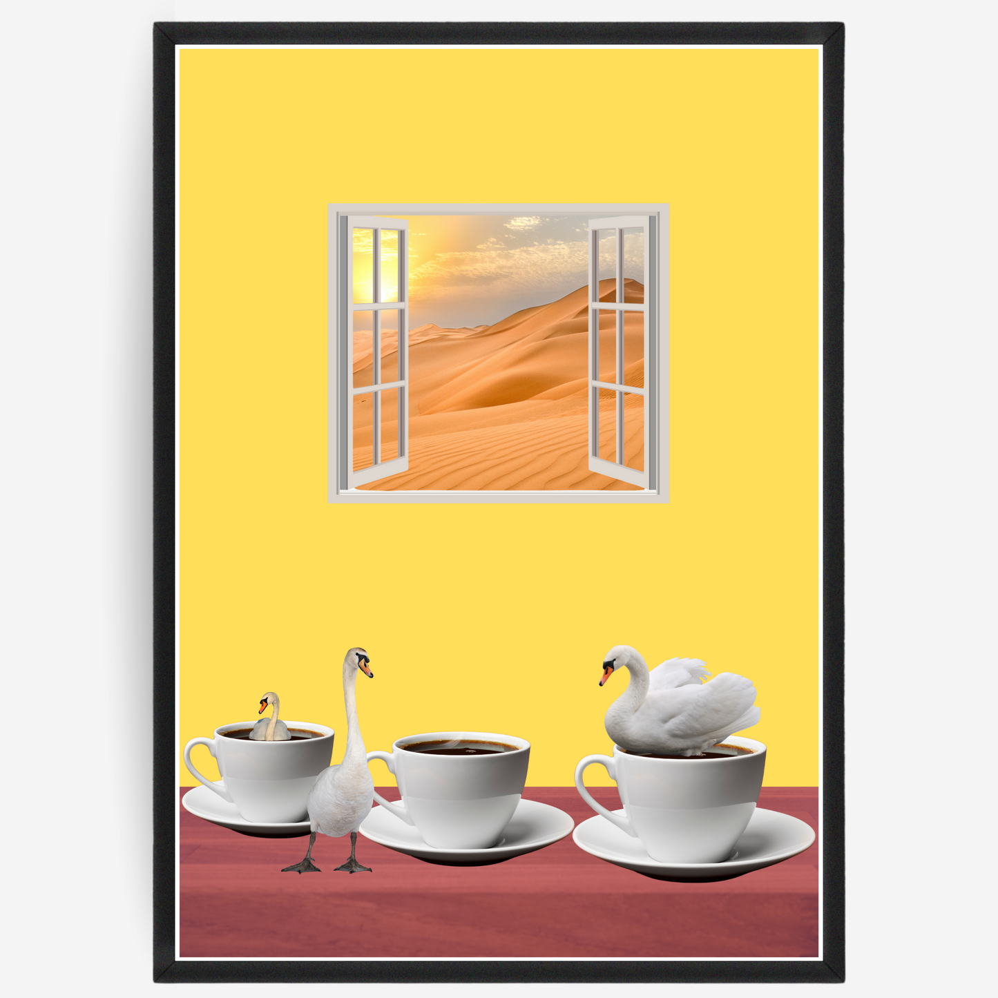 Poster with an artistic depiction of swans with coffee cups on a yellow wall with a window view.