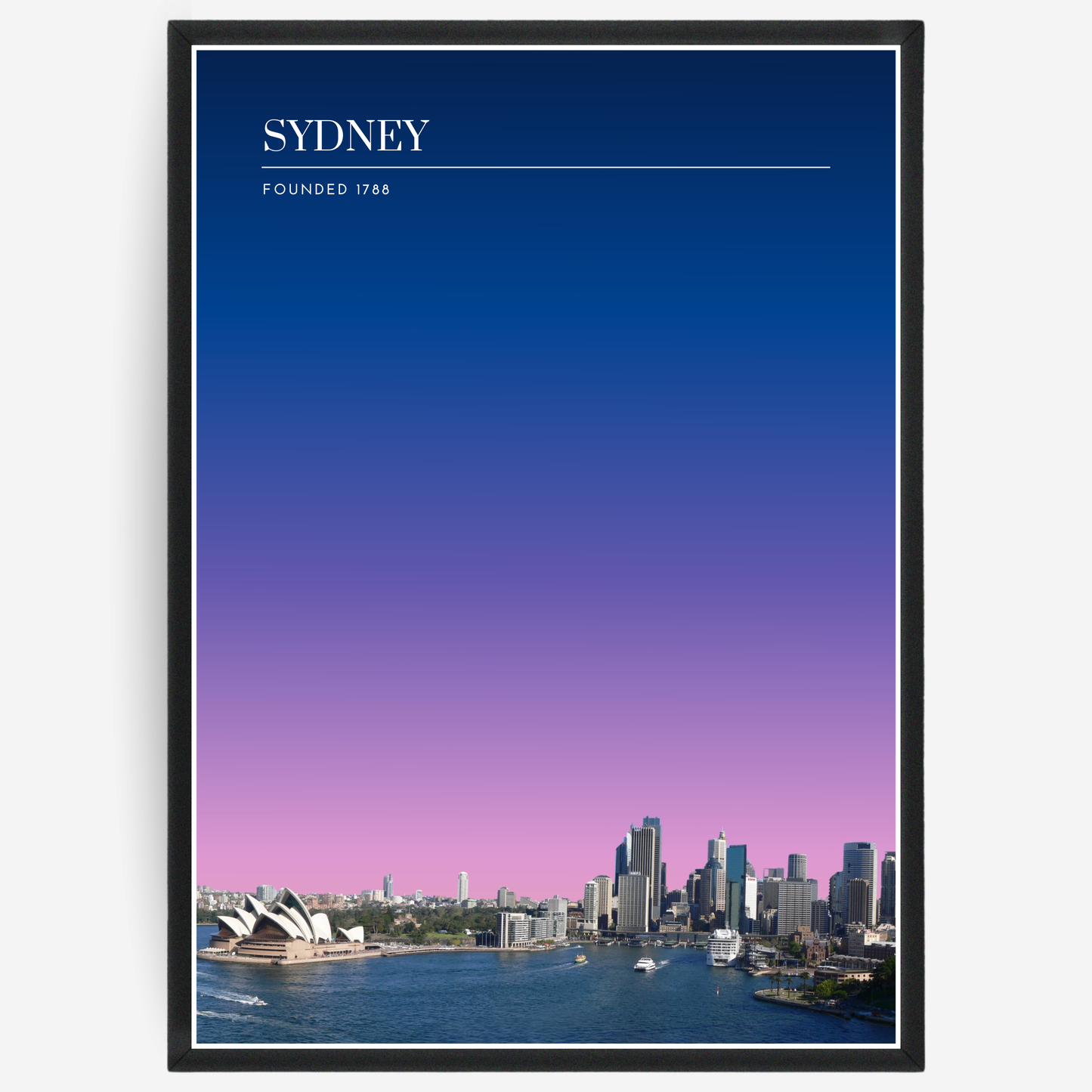 Sydney cityscape poster with a pink-to-blue gradient sky and text elements showing the city name and the year it was founded.