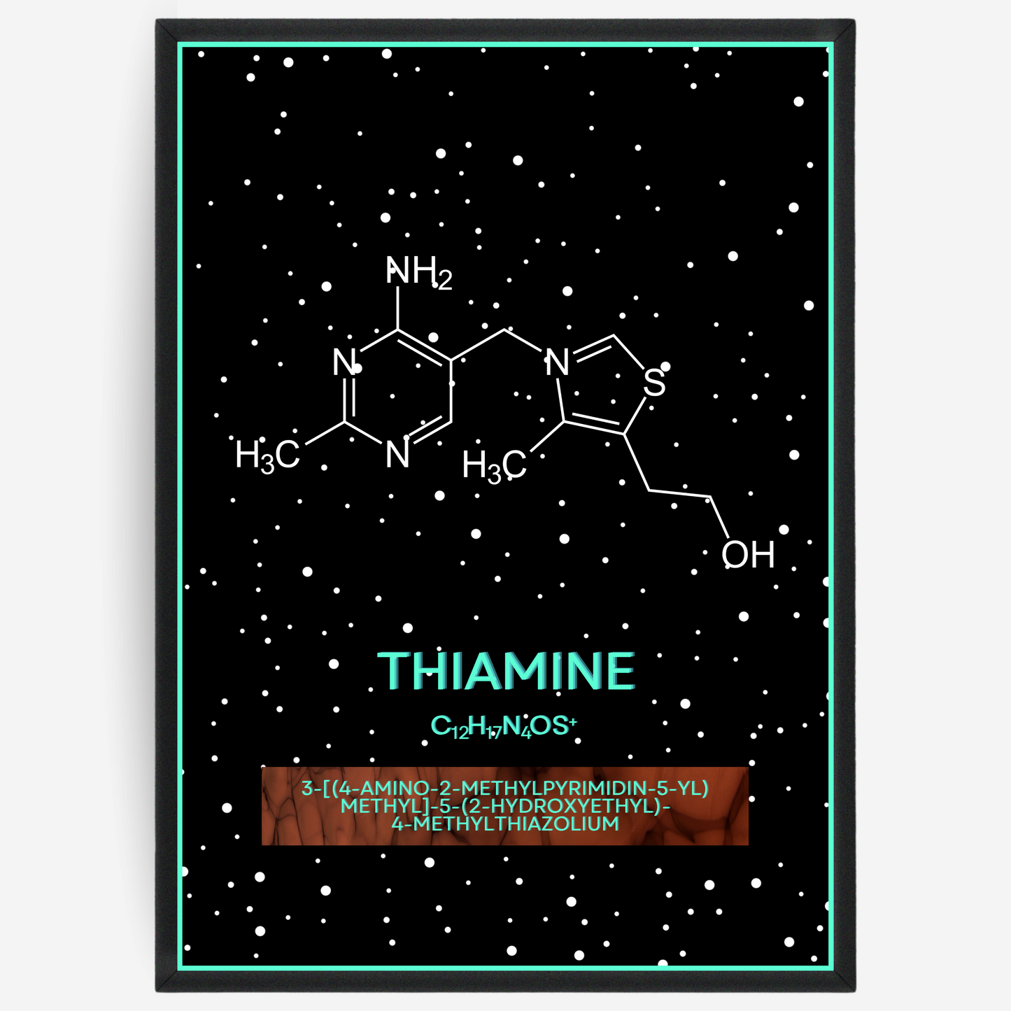 Chemistry poster showing the 2D molecular structure of thiamine on a black background with white dots and turquoise passepartout, including text elements of the molecule name, molecular formula and IUPAC name.