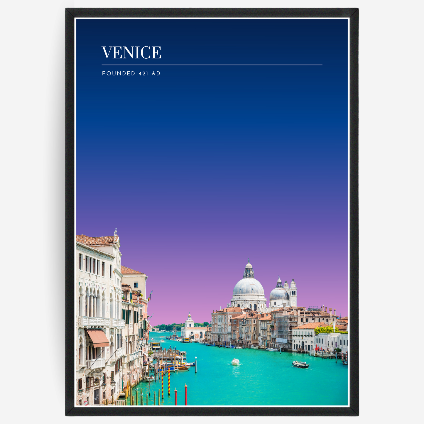 Venice cityscape poster with a pink-to-blue gradient sky and text elements showing the city name and the year it was founded.