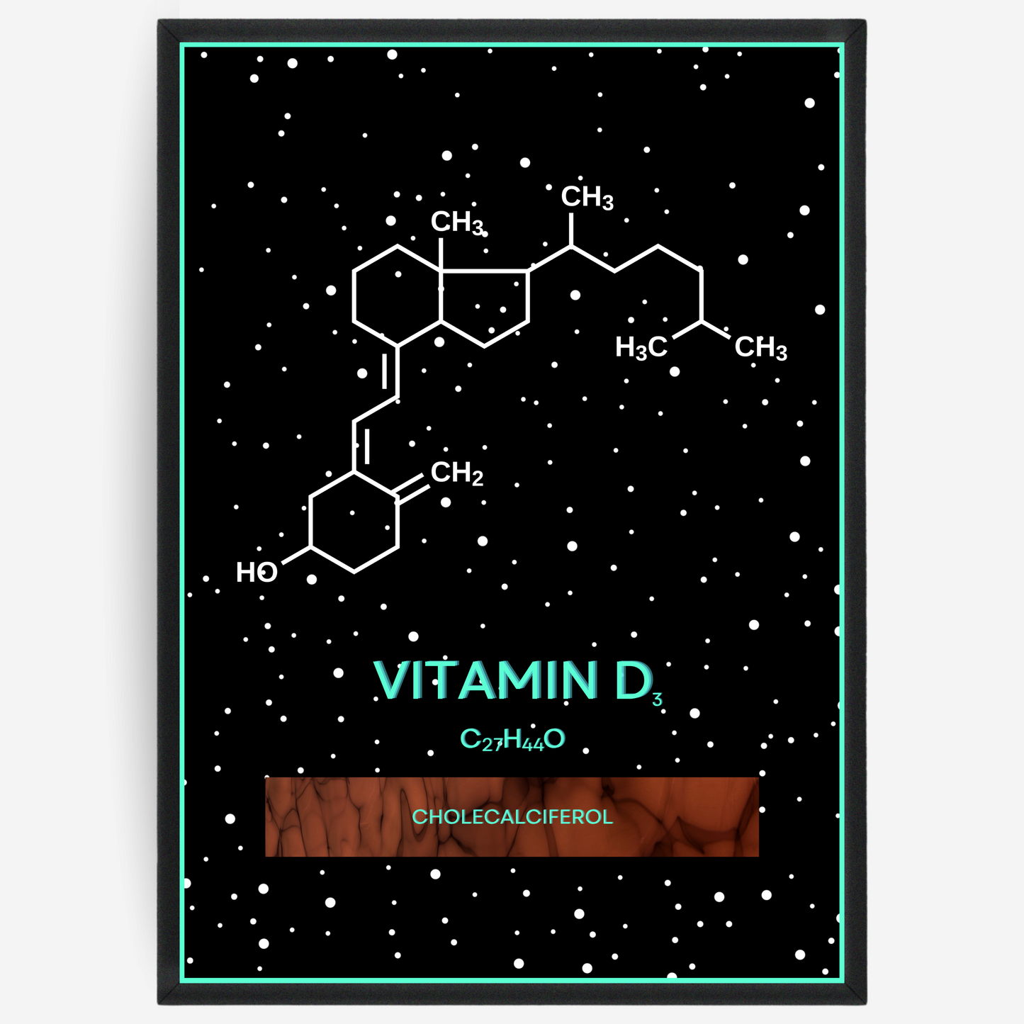 Chemistry poster showing the 2D molecular structure of vitamin D3 on a black background with white dots and turquoise passepartout, including text elements of the molecule name, molecular formula and IUPAC name.