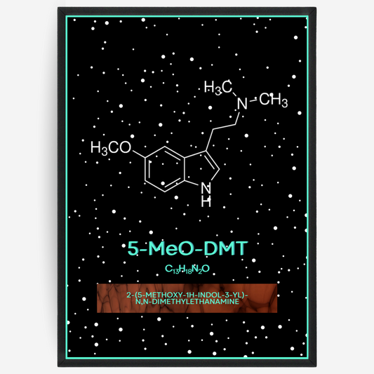 Chemistry poster showing the 2D molecular structure of 5-MeO-DMT on a black background with white dots and turquoise passepartout, including text elements of the molecule name, molecular formula and IUPAC name.