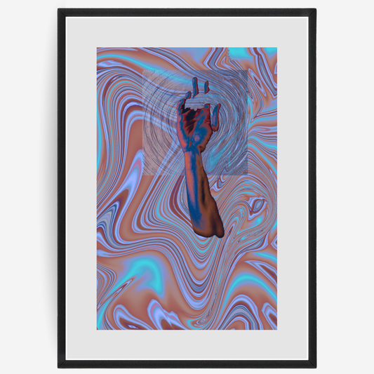 Abstract poster featuring gesture and swirling patterns on a light beige background.