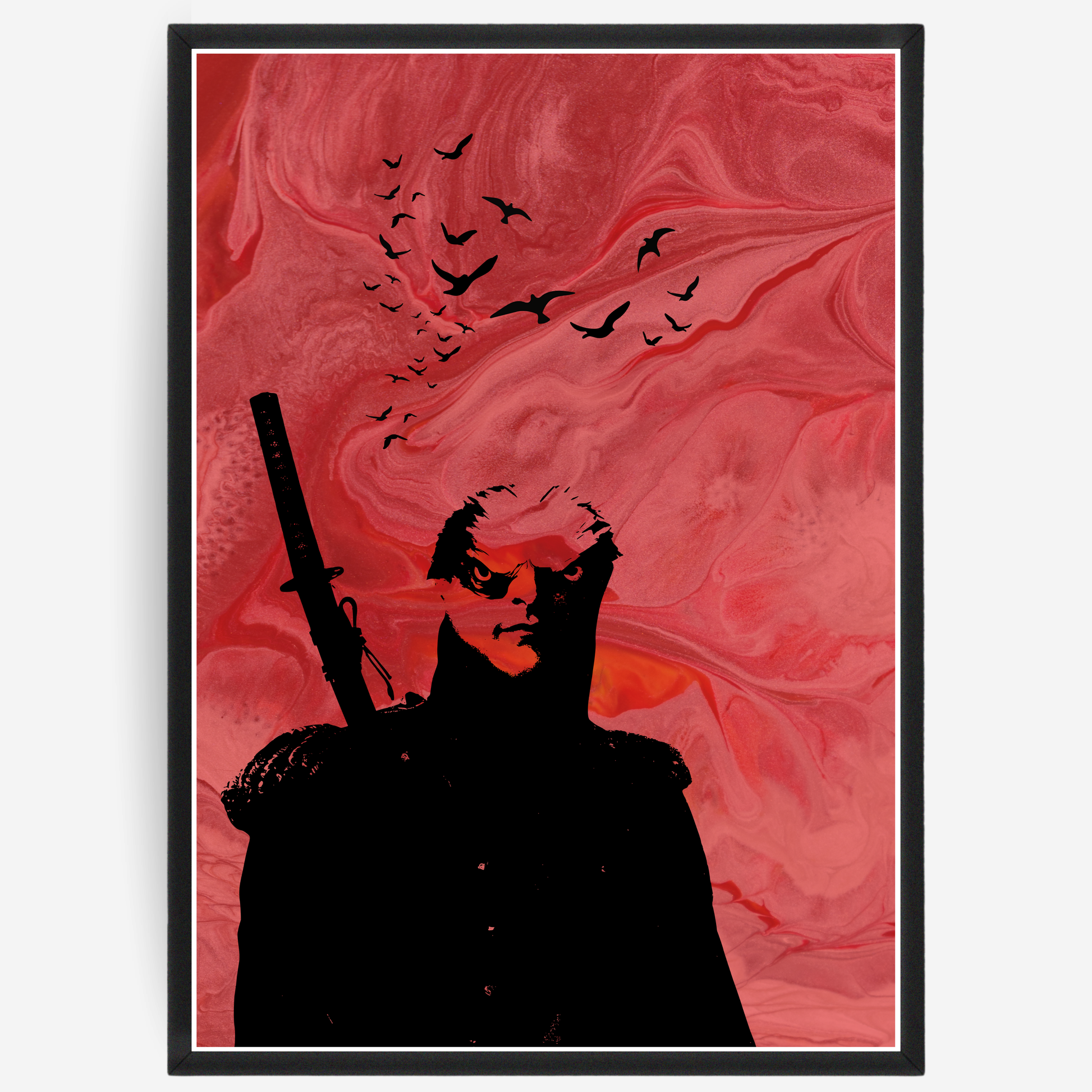 Poster of a silhouette of a warrior with a sword against a red marbled background