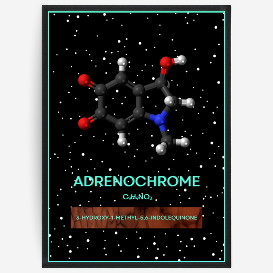 Chemistry poster showing the 3D molecular structure of adrenochrome on a black background with white dots and turquoise passepartout, including text elements of the molecule name, molecular formula and IUPAC name.