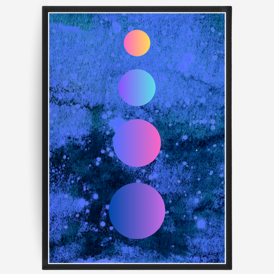 Abstract art print with colorful gradient circles on a textured blue background.