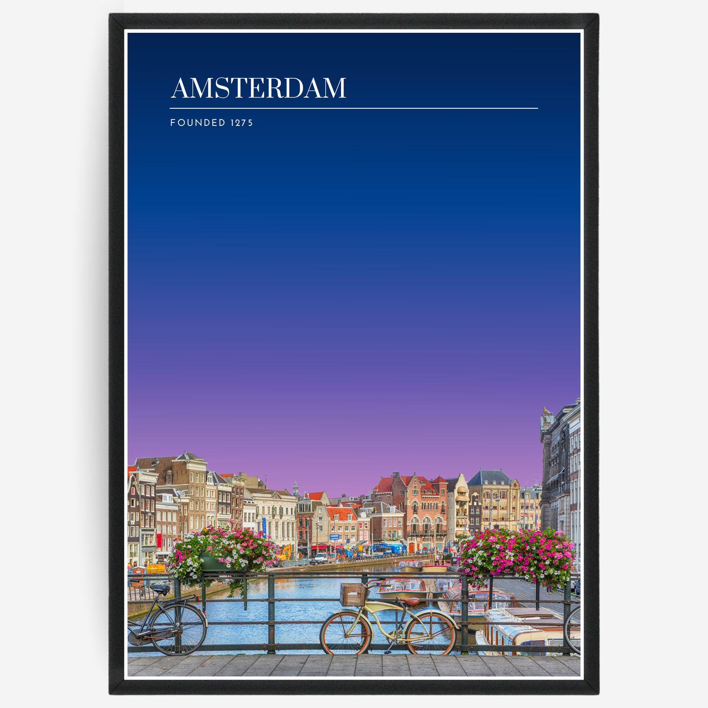 Amsterdam cityscape poster with a pink-to-blue gradient sky and text elements showing the city name and the year it was founded.