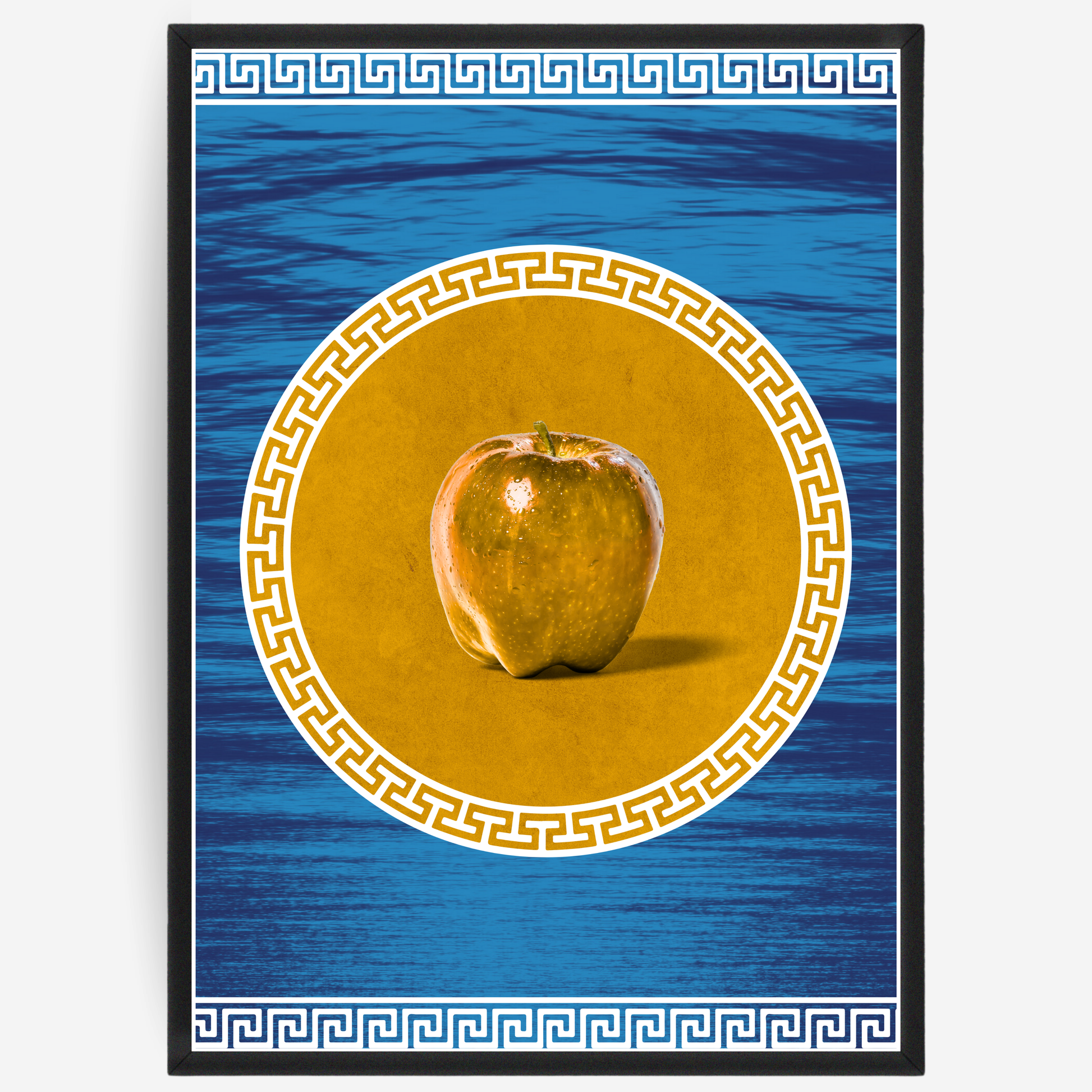 Greek-inspired poster of a golden apple on a framed golden background with Greek patterns, set against a serene blue backdrop with repeating Greek motifs.