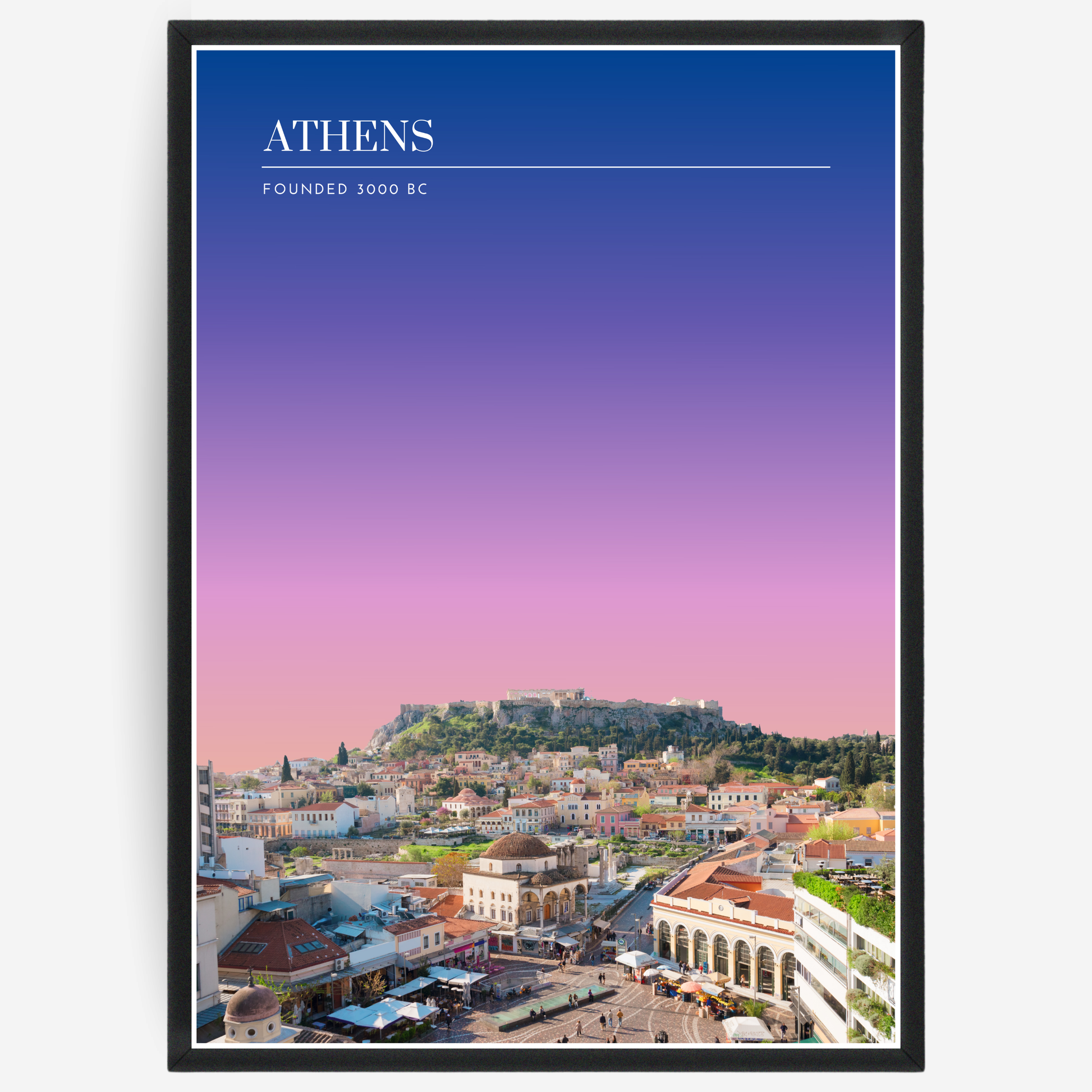 Athens cityscape poster with a pink-to-blue gradient sky and text elements showing the city name and the year it was founded.