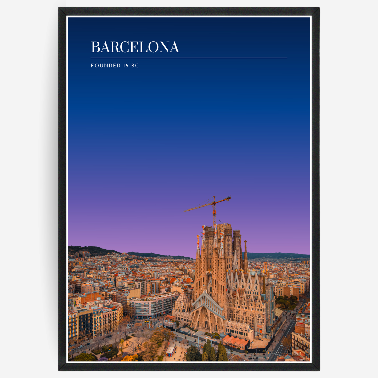 Barcelona cityscape poster with a pink-to-blue gradient sky and text elements showing the city name and the year it was founded.