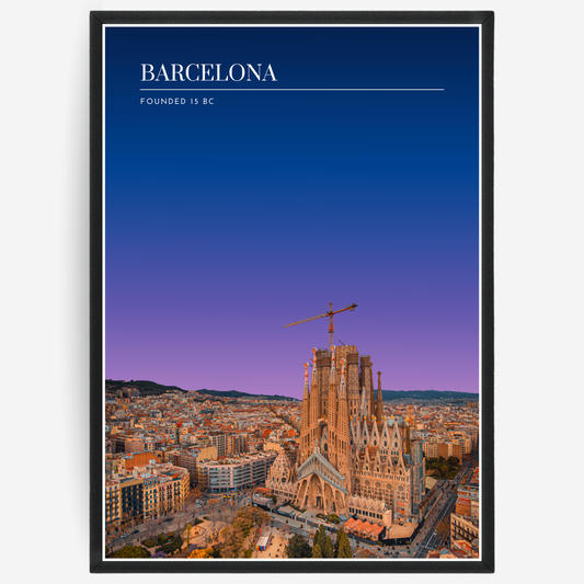 Barcelona cityscape poster with a pink-to-blue gradient sky and text elements showing the city name and the year it was founded.