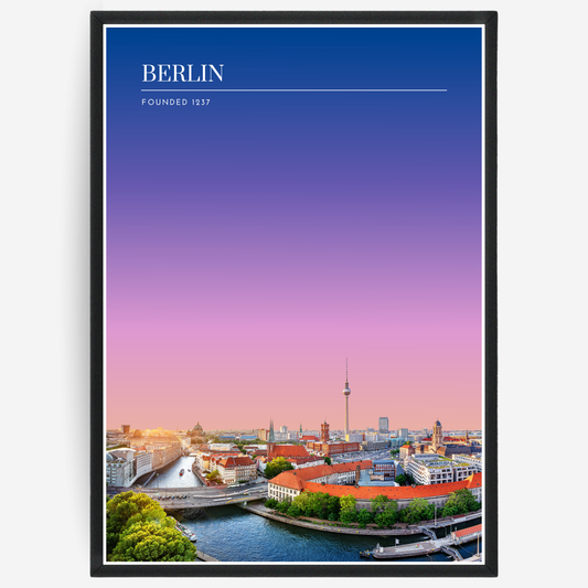 Berlin cityscape poster with a pink-to-blue gradient sky and text elements showing the city name and the year it was founded.