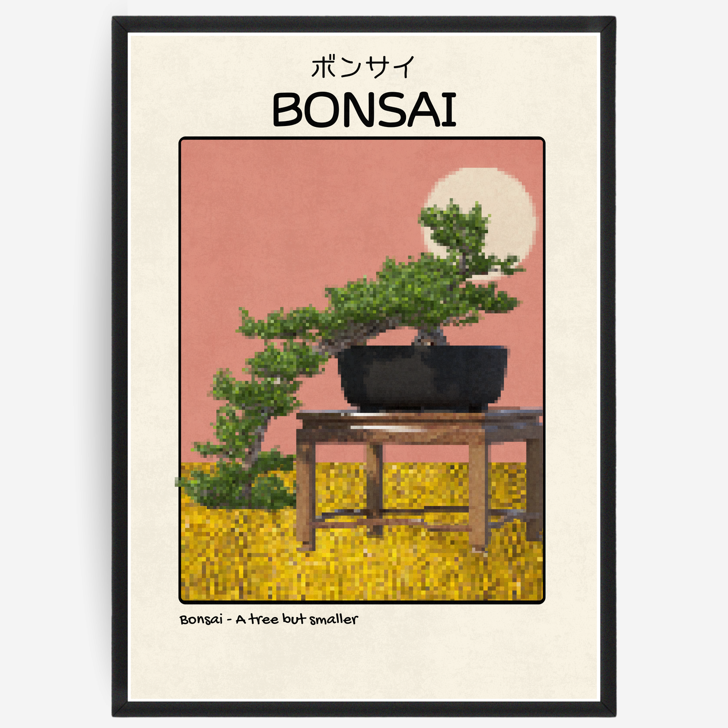 Bonsai poster with pixelated features and text elements, set against a pink and beige background.