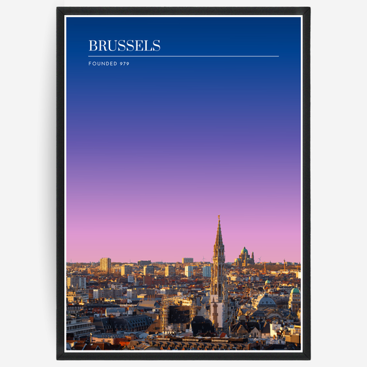 Brussels cityscape poster with a pink-to-blue gradient sky and text elements showing the city name and the year it was founded.