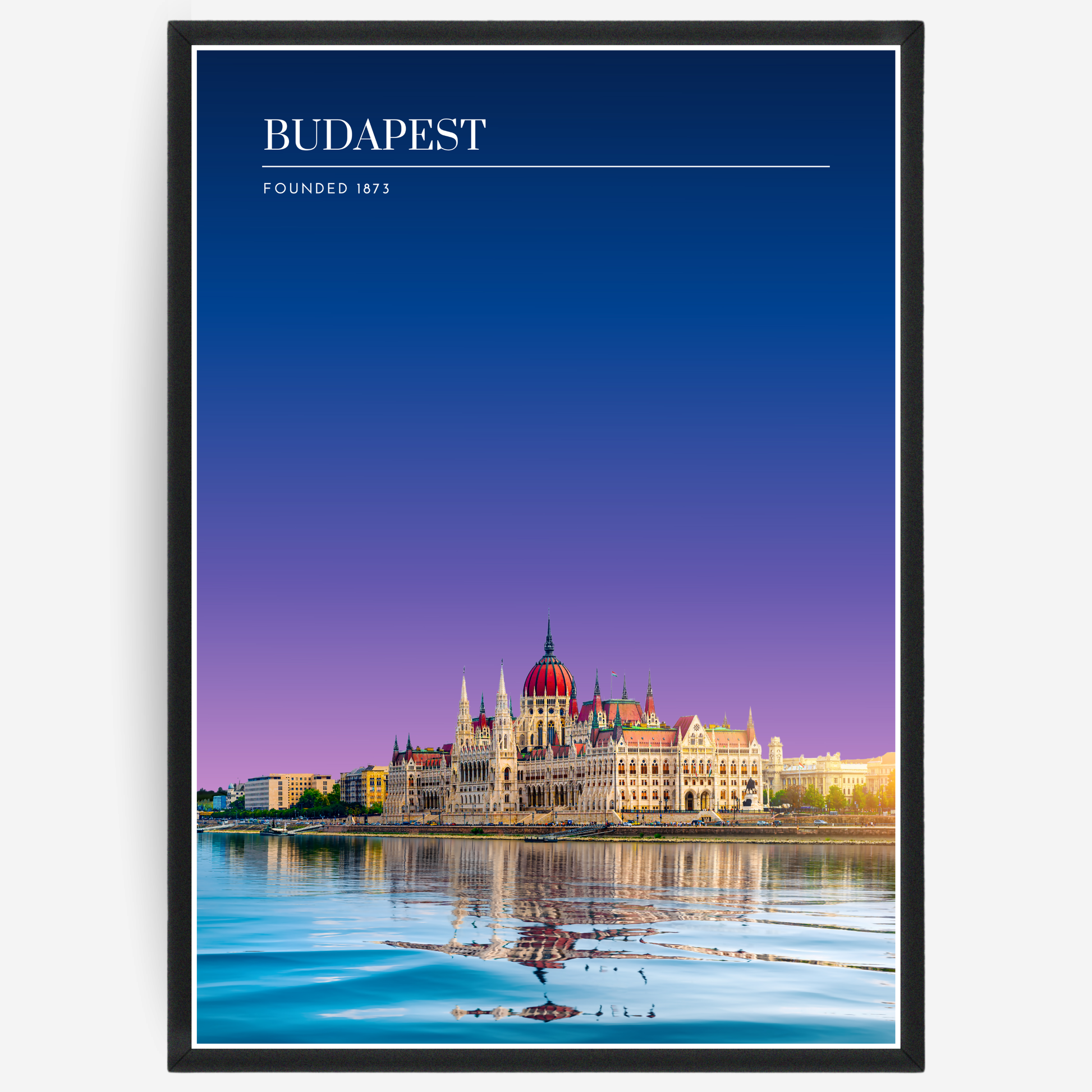Budapest cityscape poster with a pink-to-blue gradient sky and text elements showing the city name and the year it was founded.