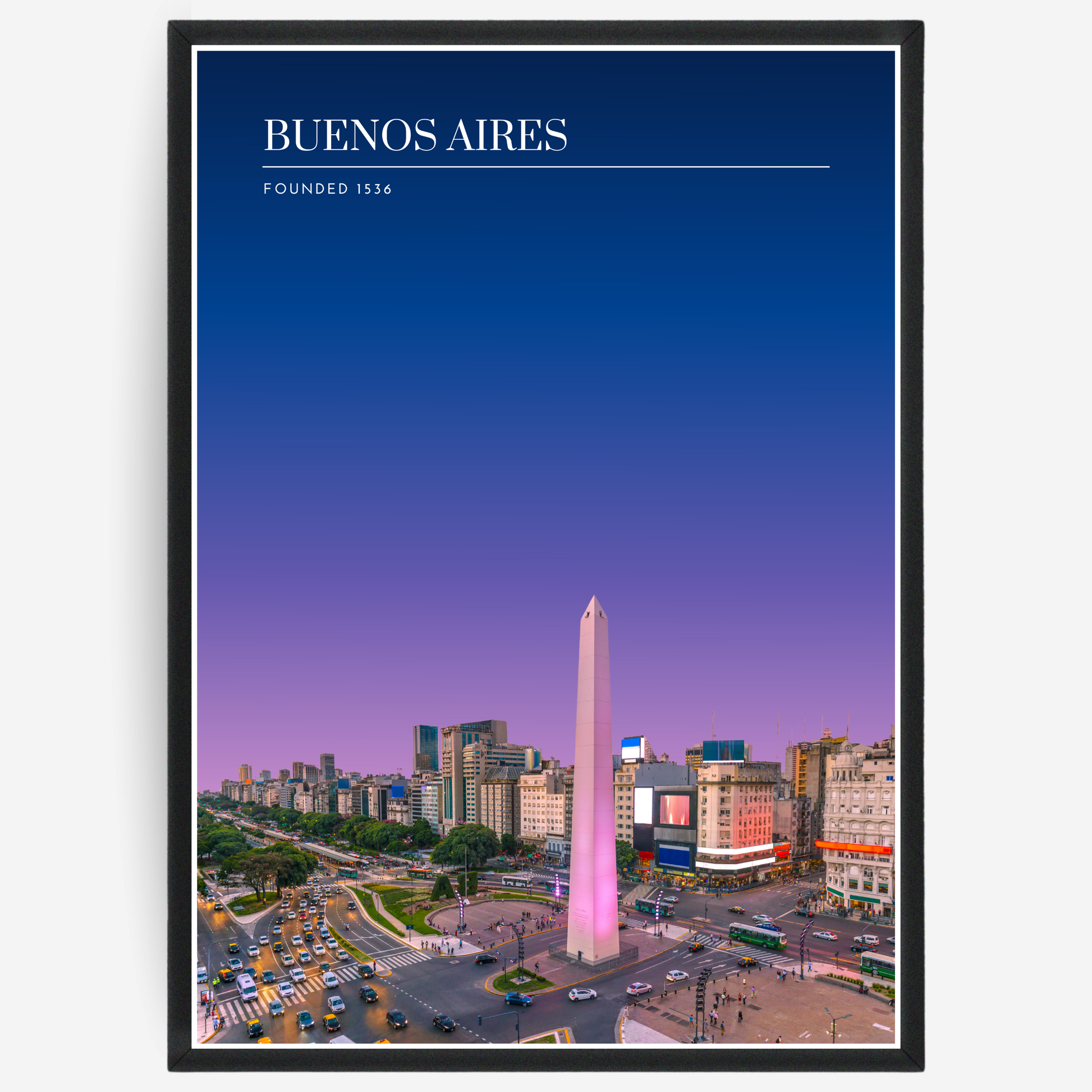 Buenos Aires cityscape poster with a pink-to-blue gradient sky and text elements showing the city name and the year it was founded.