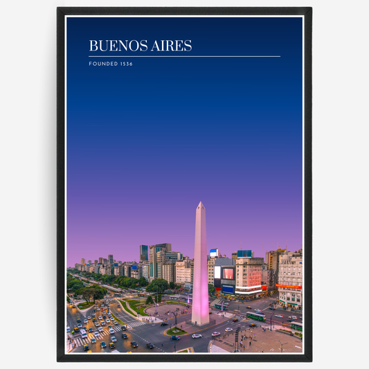 Buenos Aires cityscape poster with a pink-to-blue gradient sky and text elements showing the city name and the year it was founded.