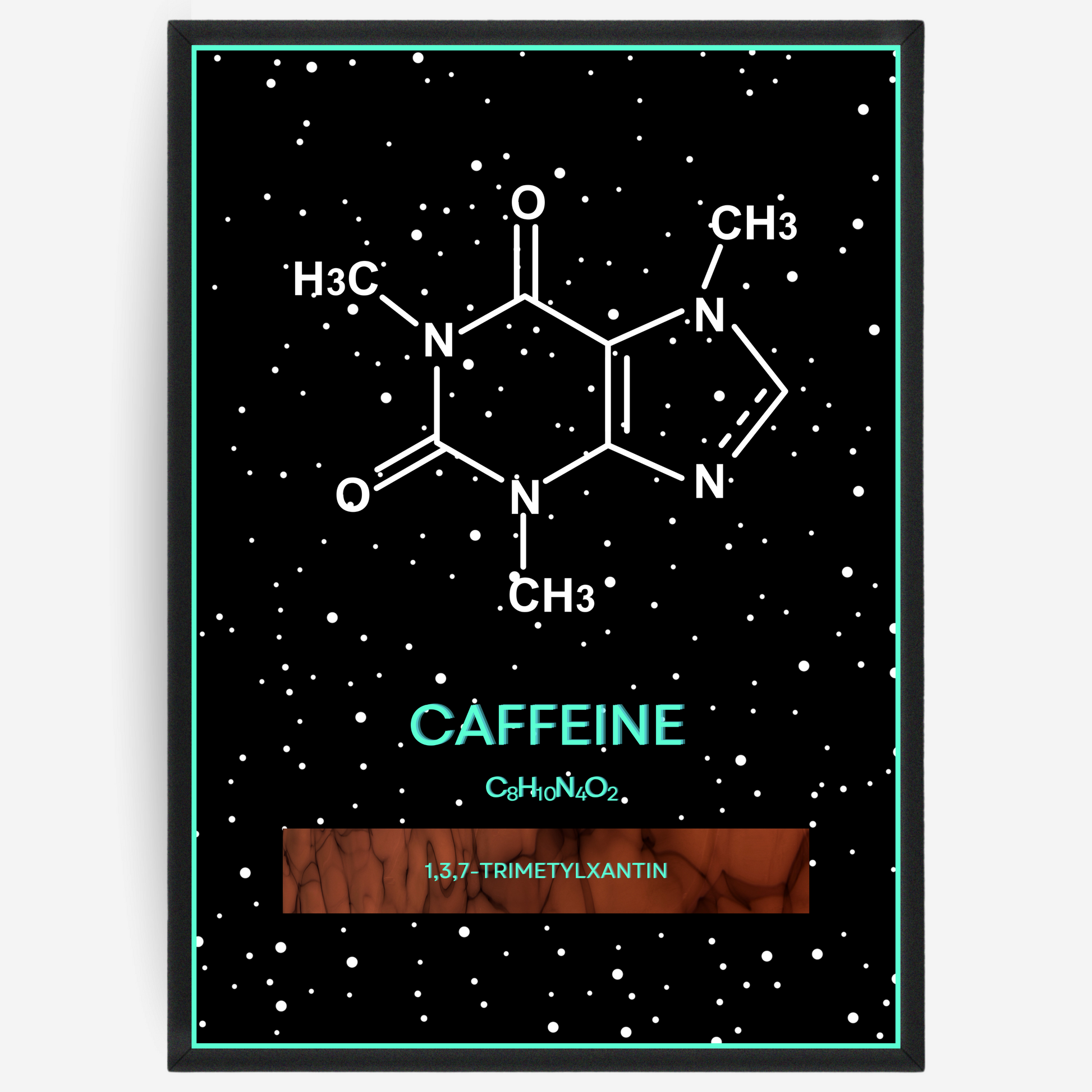 Chemistry poster showing the molecular structure of caffeine on a black background with white dots and turquoise passepartout, including text elements of the molecule name, molecular formula and IUPAC name.