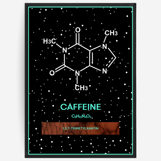 Chemistry poster showing the molecular structure of caffeine on a black background with white dots and turquoise passepartout, including text elements of the molecule name, molecular formula and IUPAC name.