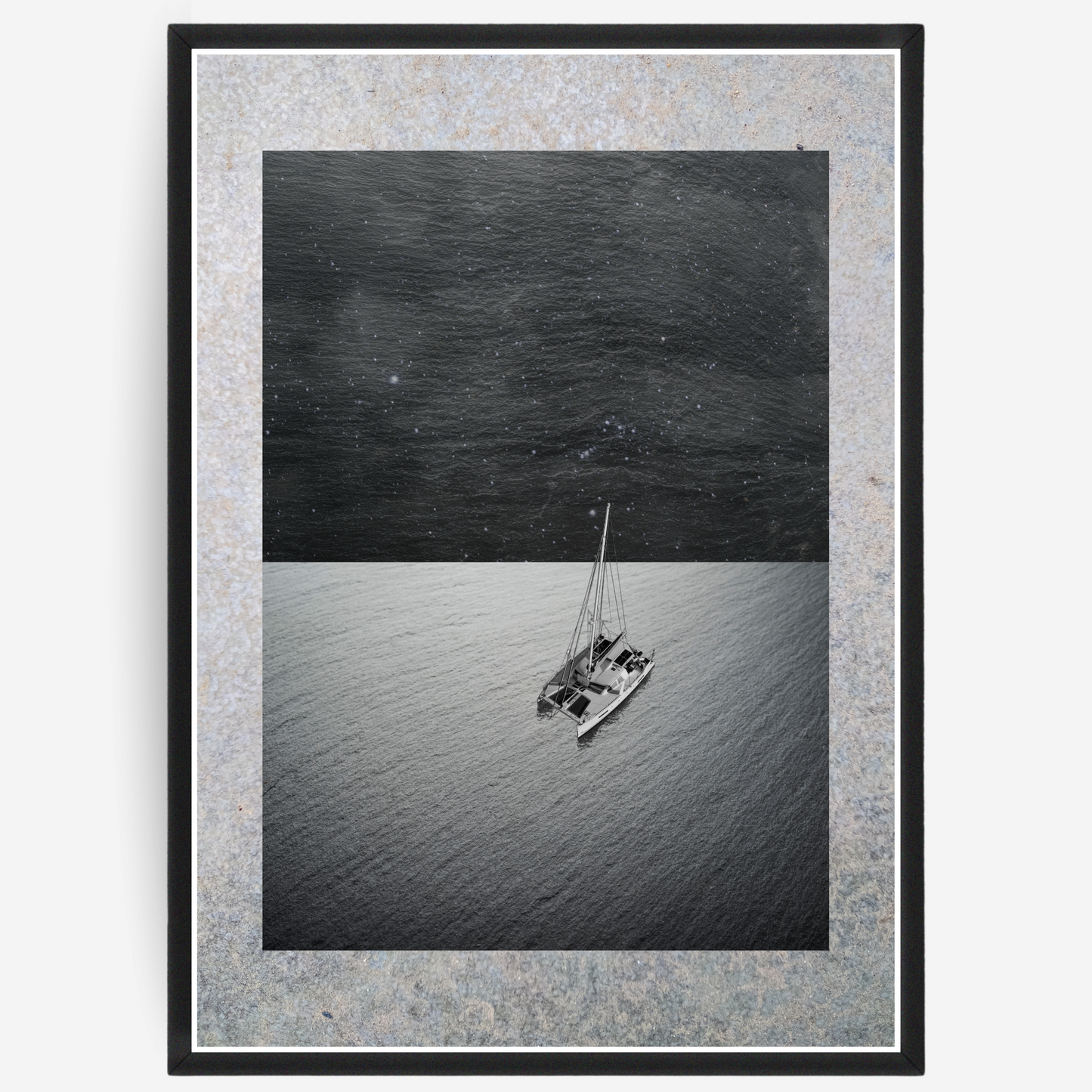 Catamaran poster with a framed background of stone and steel imitating sea and sky, featuring a passepartout with stone elements
