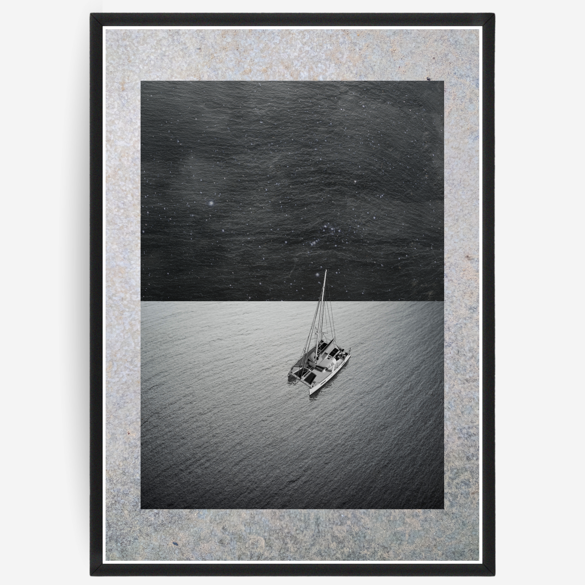 Catamaran poster with a framed background of stone and steel imitating sea and sky, featuring a passepartout with stone elements
