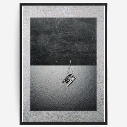 Catamaran poster with a framed background of stone and steel imitating sea and sky, featuring a passepartout with stone elements