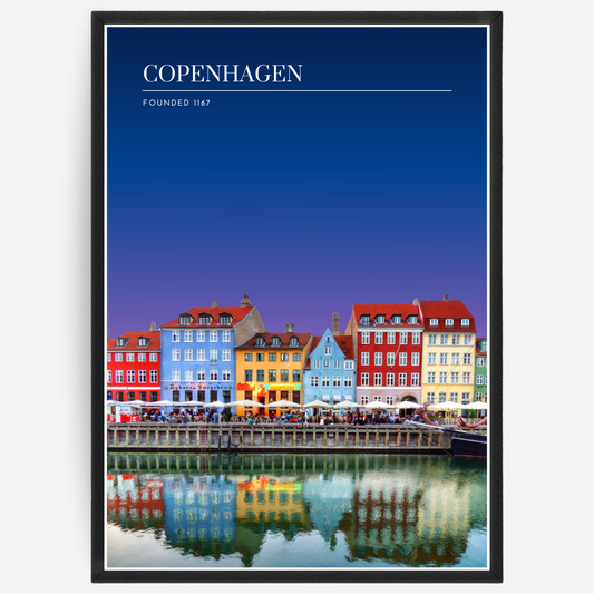 Copenhagen cityscape poster with a pink-to-blue gradient sky and text elements showing the city name and the year it was founded.