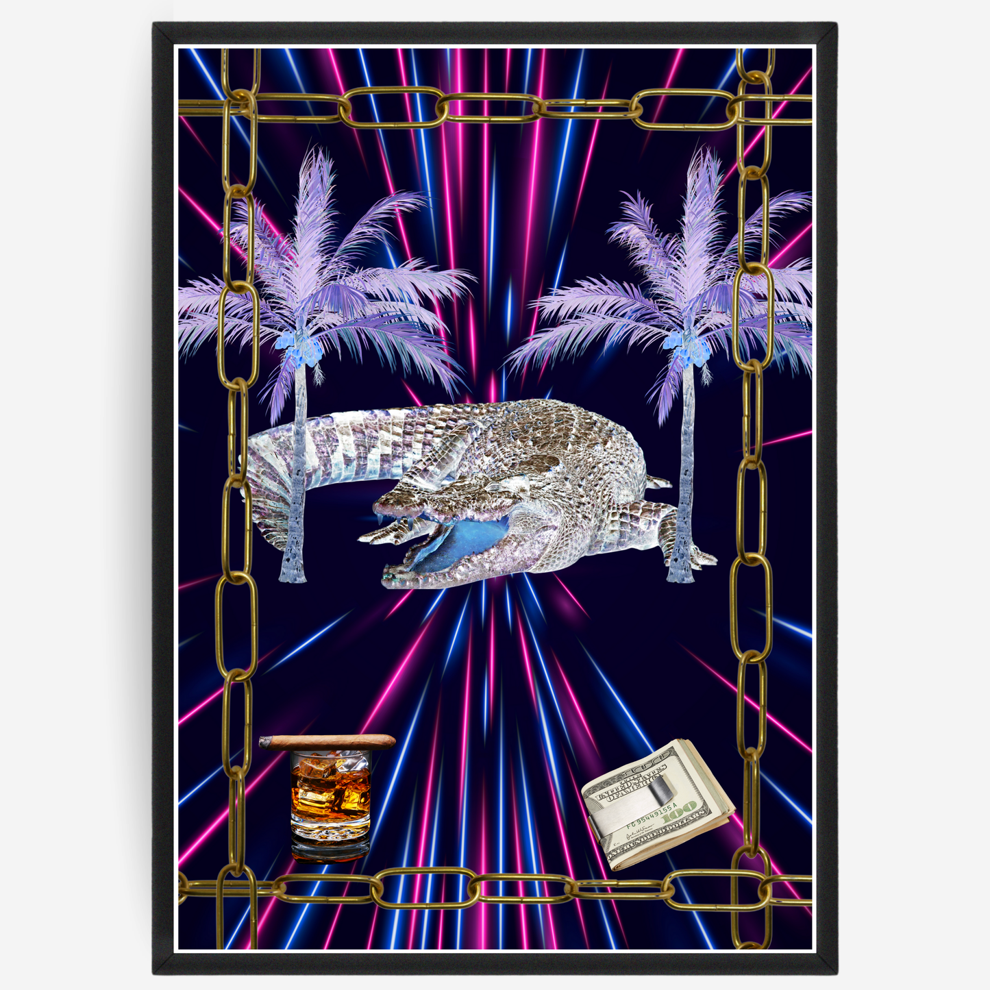 Decorative poster featuring a golden chain-framed crocodile beside colorful palm trees, a cigar on a glass of whiskey, and money in a money clip, set against a neon light background.