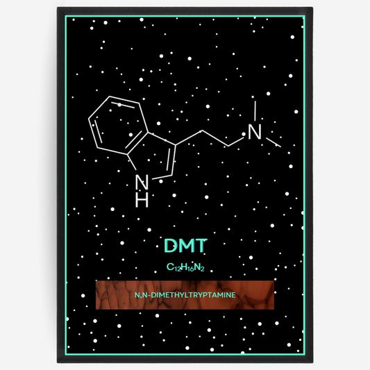 Chemistry poster showing the 2D molecular structure of DMT on a black background with white dots and turquoise passepartout, including text elements of the molecule name, molecular formula and IUPAC name.